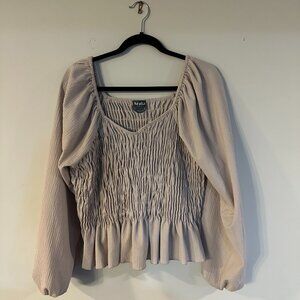 Arula Smocked Tan Beige Long Sleeve Peasant Top Size A